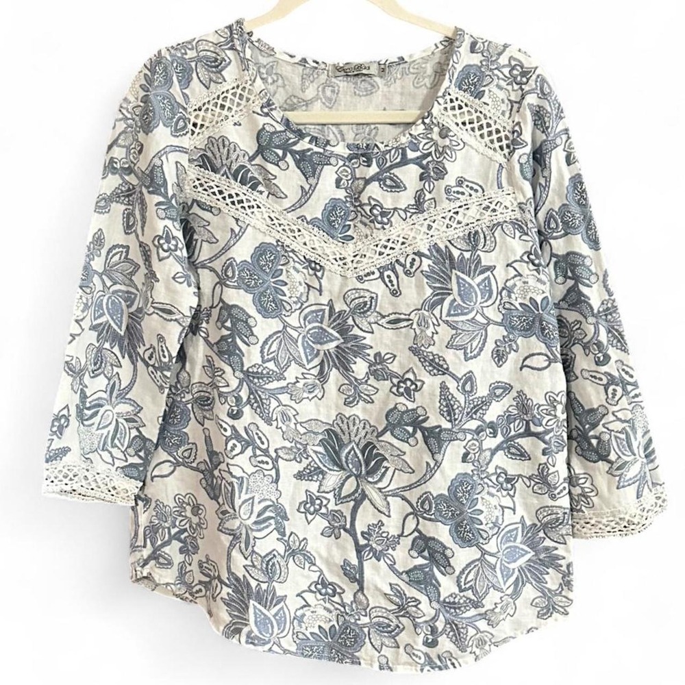 Elena Baldi 100% Linen Italy Blouse blue & white floral pattern Lace accents